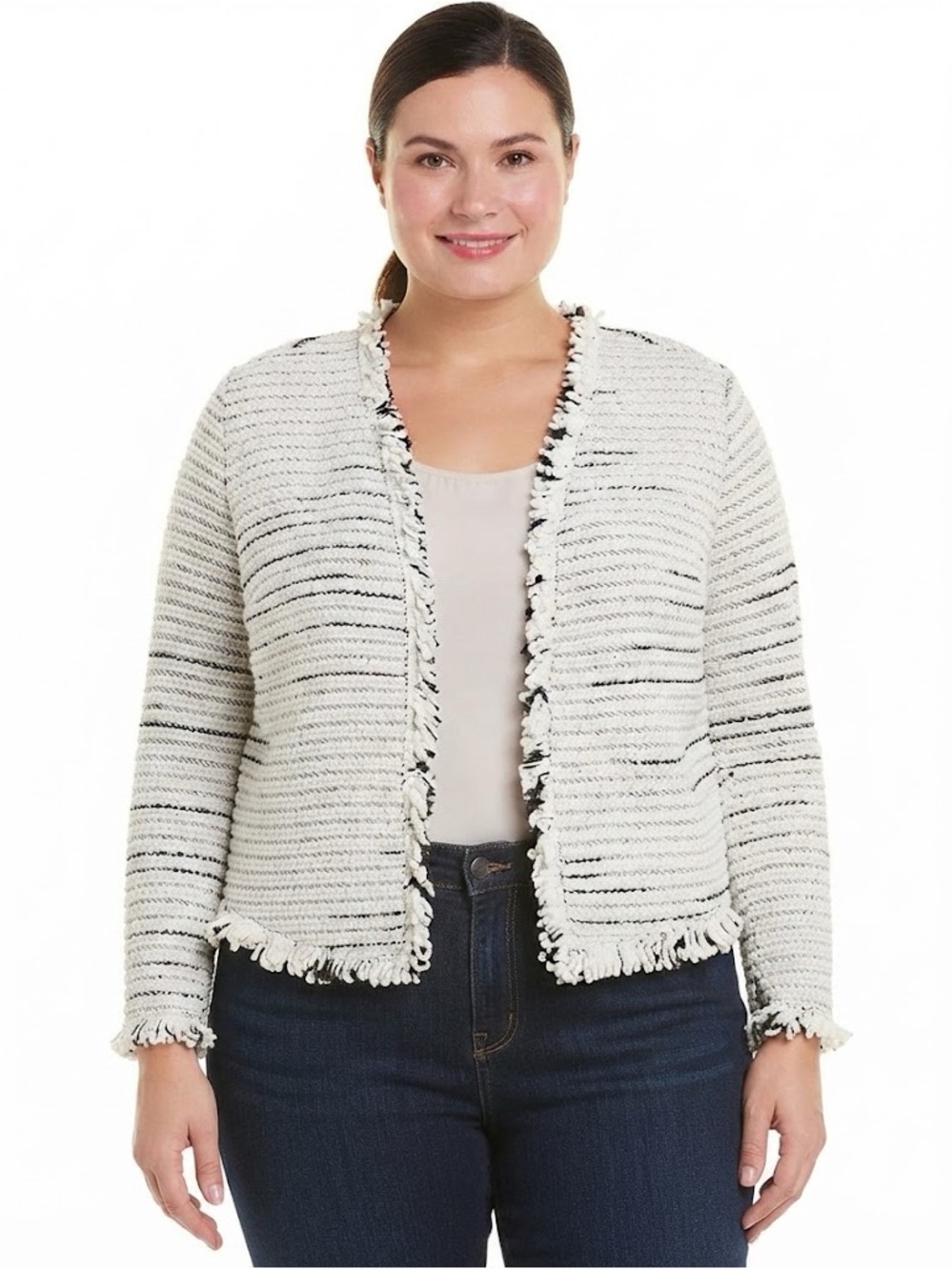 NIC+ZOE Black and White Metallic Thread Fringe Cardigan Blazer